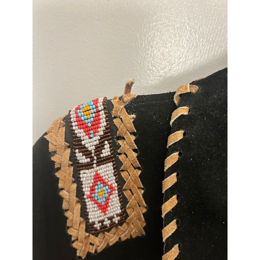Real Leather Western Jacket Mens Suede Fringe Beaded Native American Style - Picture 3 of 7